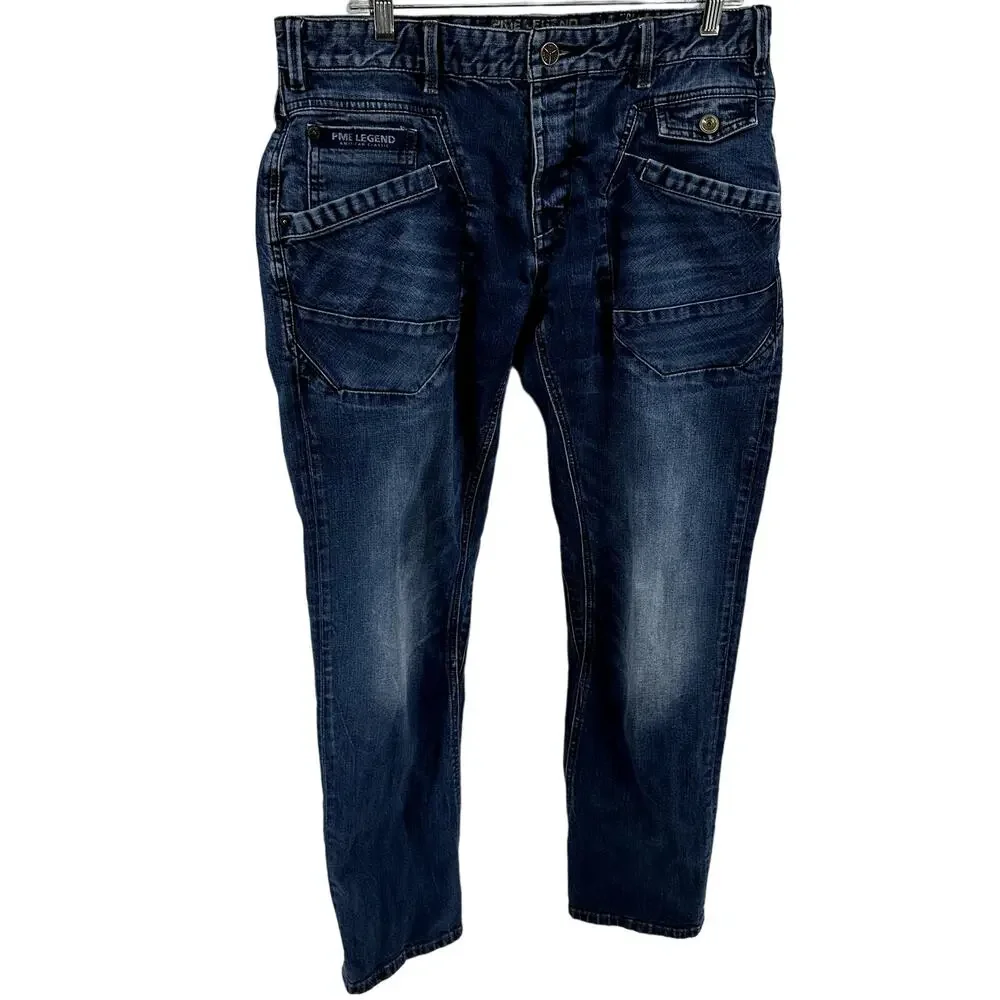 PME Legend Aviator Straight Leg Jeans Low Rise Ankle Classic Denim Blue 34x32